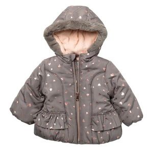 Kensie Girl Faux Far Accent Hooded Puffer Winter Jacket Grey Pink Hearts